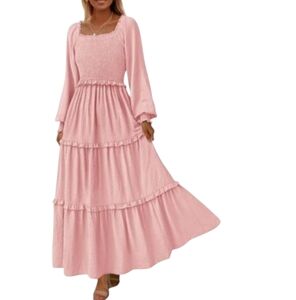 PRETTY GARDEN Women's Spring Long Sleeve Pink Maxi‎ Dress Casual Square Neck  XL